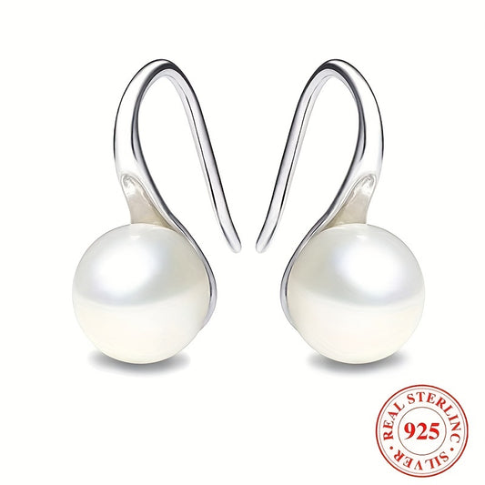 Sterling 925 Silver Faux Pearl Decor Elegant Hook Earrings