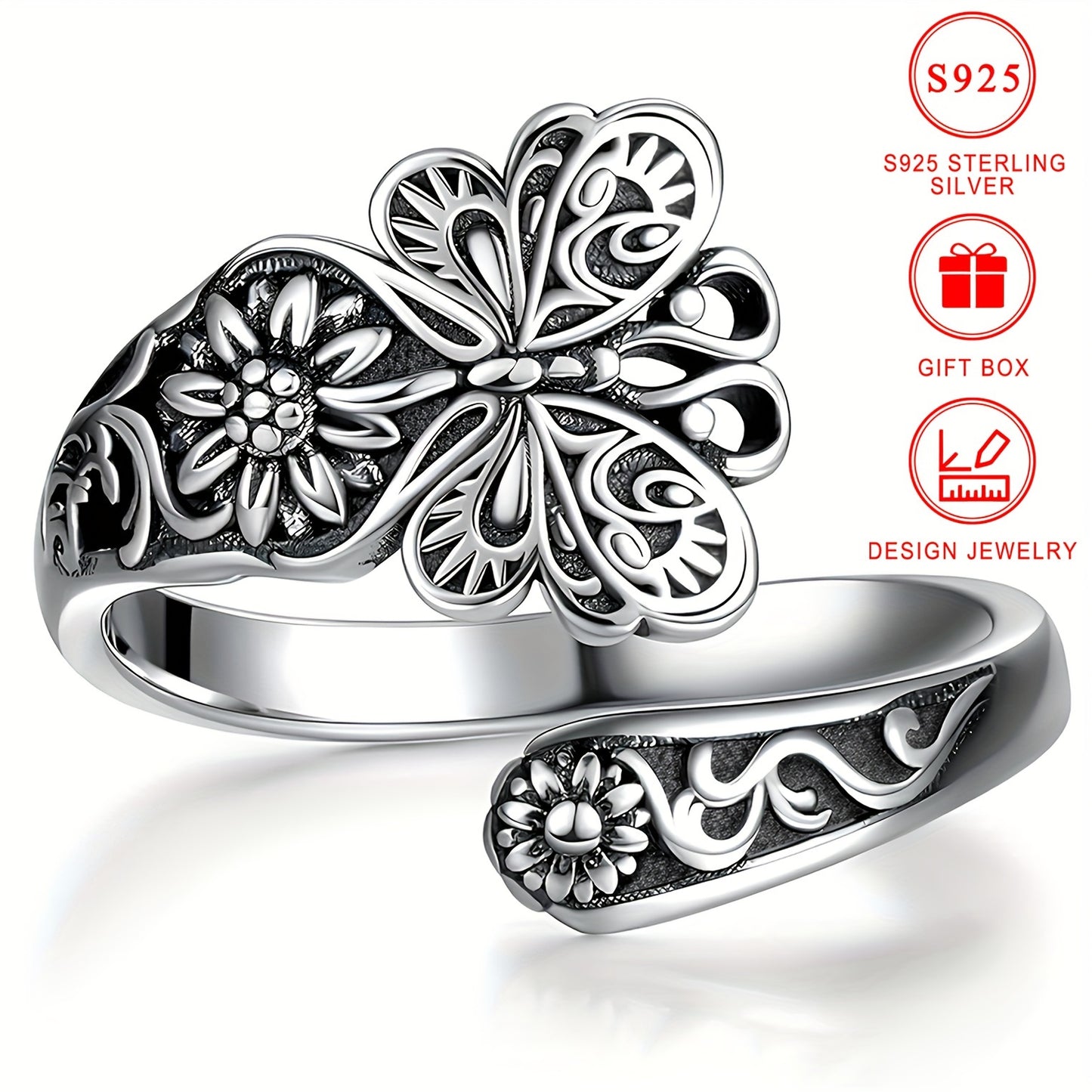 925 Sterling Silver Retro Butterfly & Flower Carving Spoon Ring